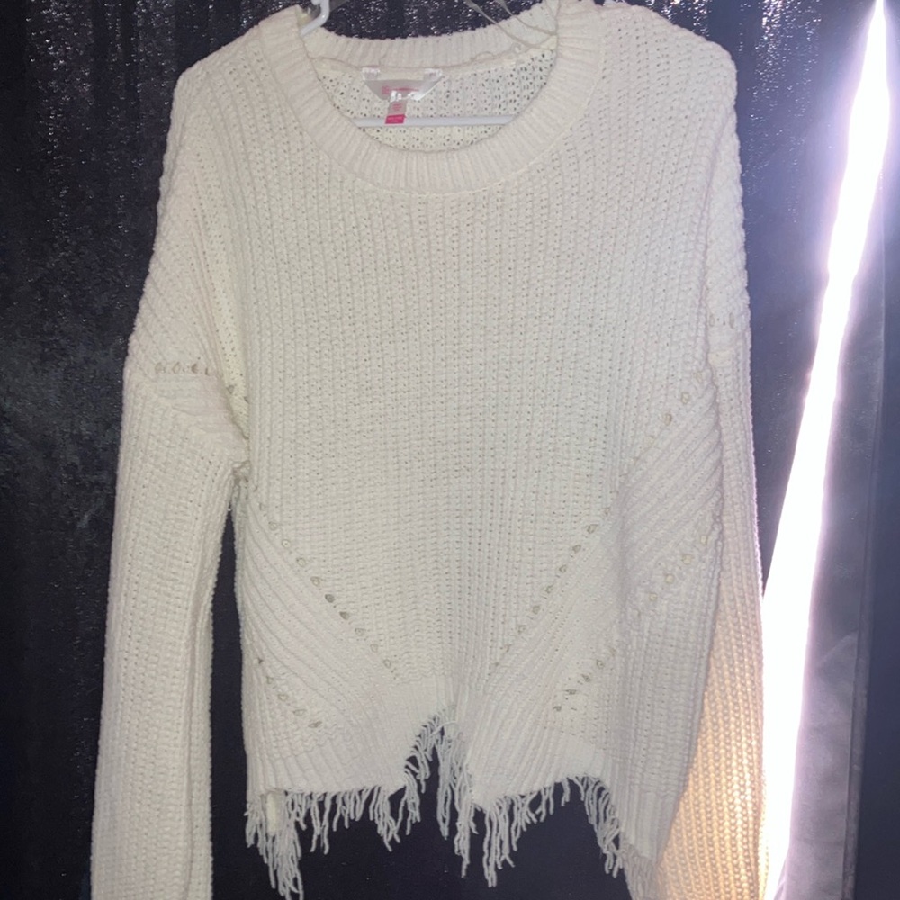 No Boundaries White Crew Neck Sweater with Fringe